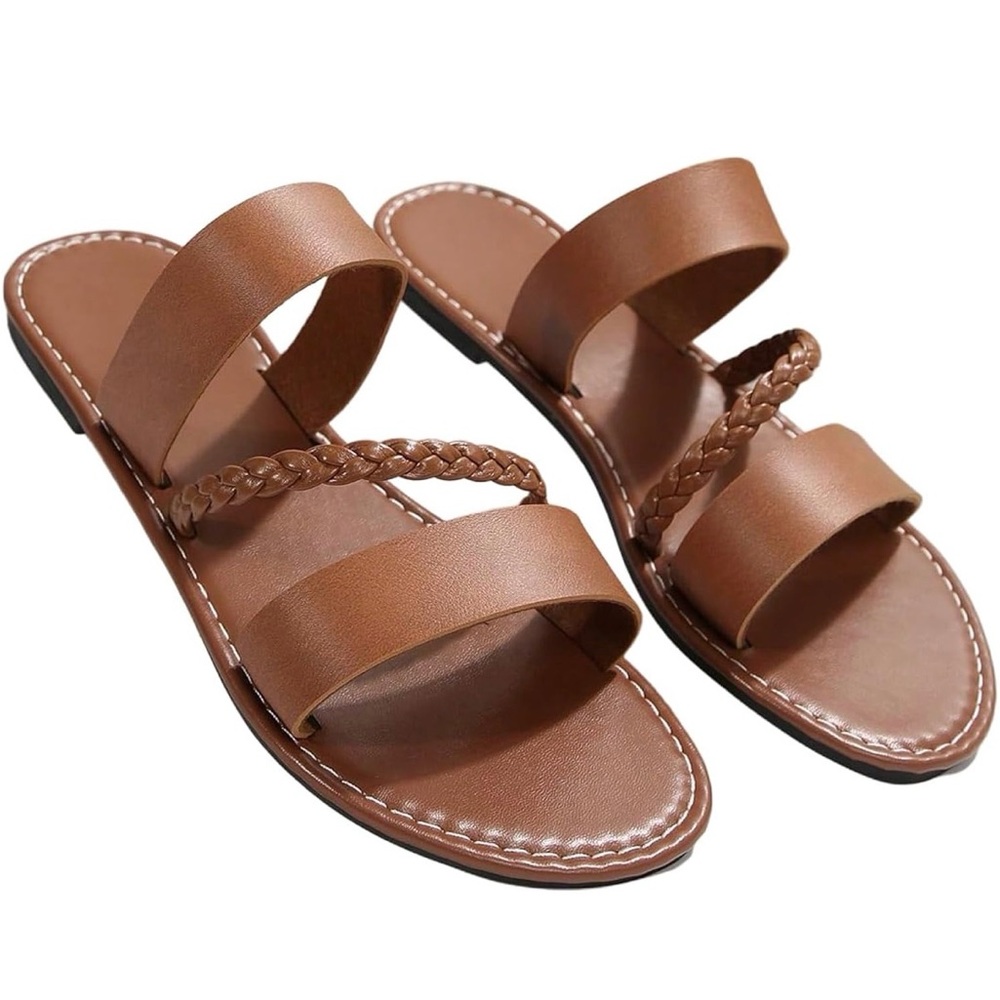 Women’s Braided Strap Slide Sandals Brown Open Toe Flat Summer Beach Shoes